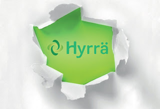 Hyrrä-palvelun logo repeävän paperin takana.