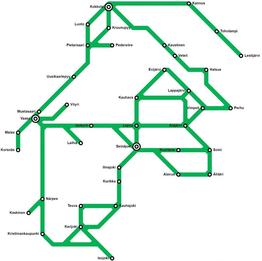 Seudullisen bussiliikenteen verkko karttana.